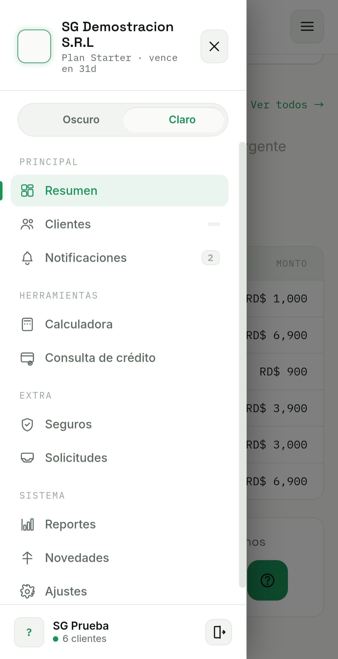 Menú de navegación de la app