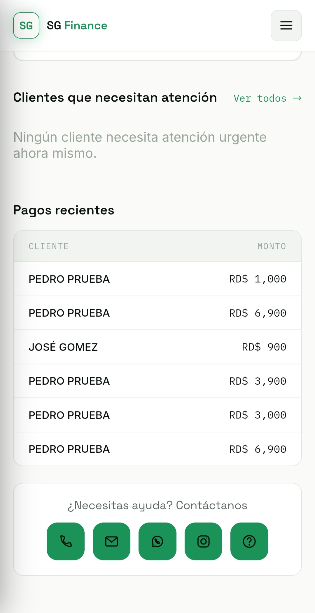 Pagos recientes y contacto